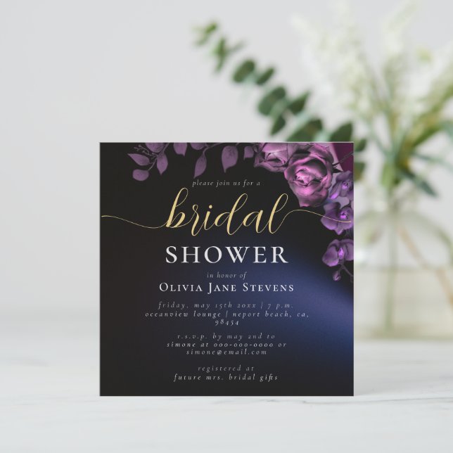 Invitation Classic Moody Black Dark Purple Rose Fête des mari (Debout devant)