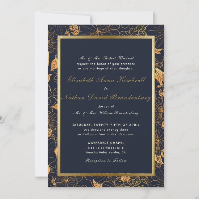 Invitation Classic Navy Blue et Gold Floral Mariage Invitati (Devant)