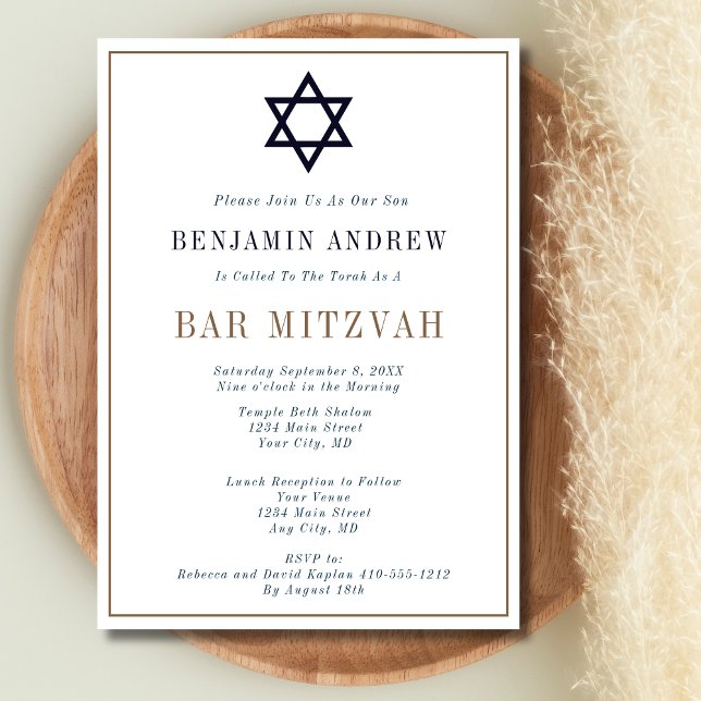 Invitation Classic Navy Blue Gold Star Bar Bat mitzvah (Navy Blue Gold Jewish Star of David Bar Bat Mitzvah Invitation for son or daughter)
