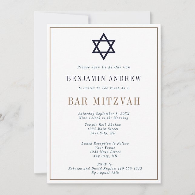 Invitation Classic Navy Blue Gold Star Bar Mitzvah (Devant)