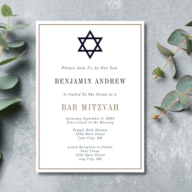 Invitation Classic Navy Blue Gold Star Bar Mitzvah (Classic Navy Blue Gold Star of David Bar Mitzvah Invitation. Formal Traditional)