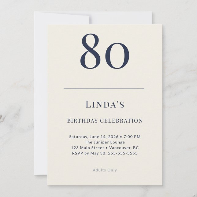 Invitation Classic Navy & Cream 80th Birthday Celebration (Devant)
