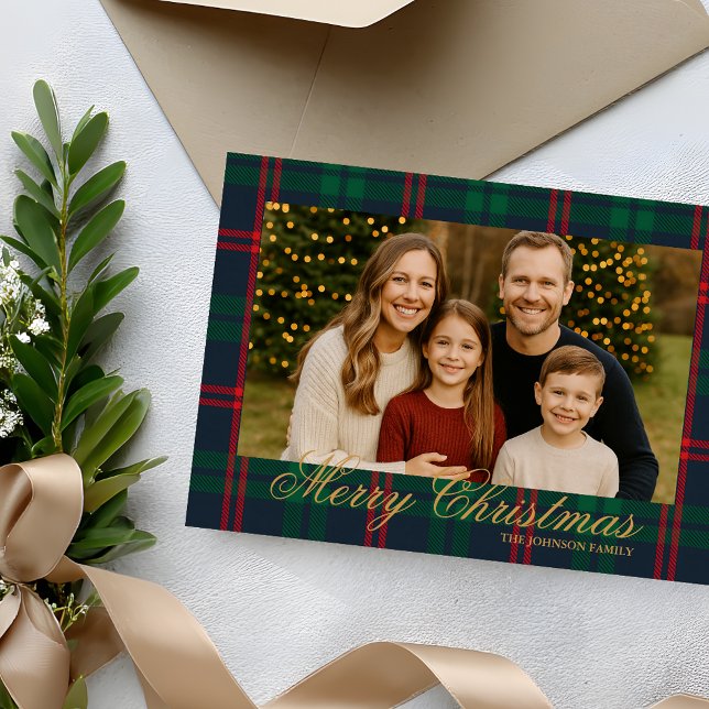 Invitation Classic Navy Tartan Plaid Photo Christmas Card (Share your holiday joy with this Classic Plaid Merry Christmas Family Photo Card)
