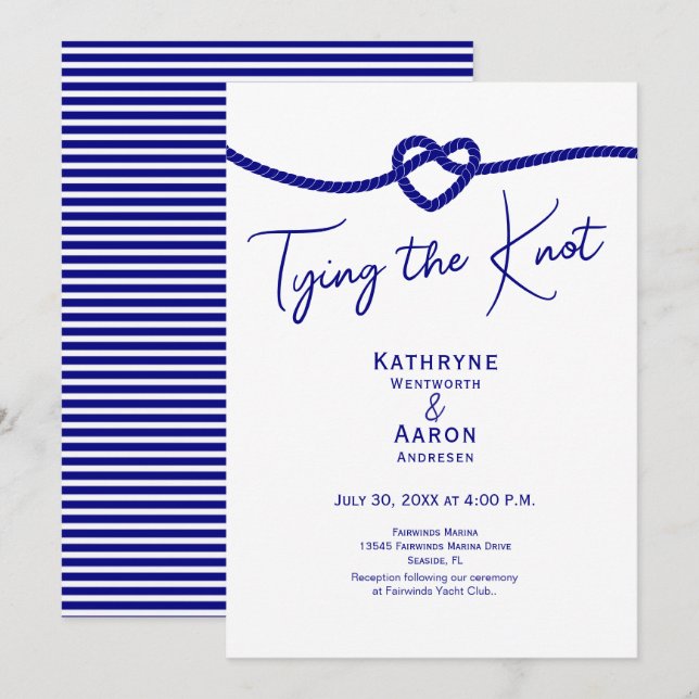 Invitation Classic Navy White Stripes Tying the Knot Wedding  (Devant / Derrière)