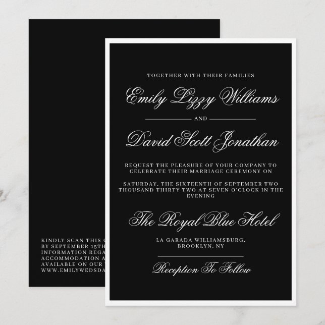 Invitation Classic noir et blanc élégant QR (Devant / Derrière)
