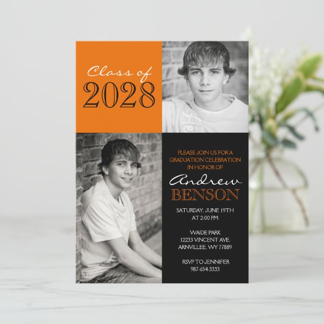 Invitation Classic noir et orange 2 Photo Graduation (Debout devant)