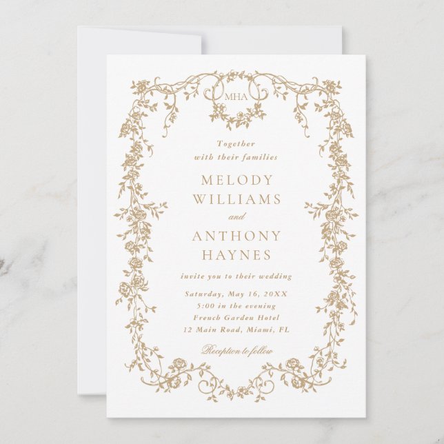 Invitation Classic or Victorien Français Floral Mariage (Devant)