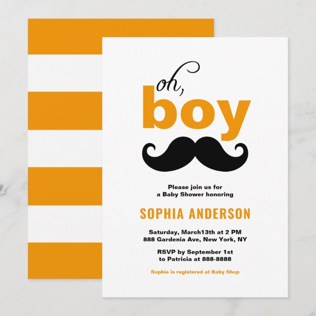 Invitation Classic Orange C'est un Baby shower de moustache g (Devant / Derrière)