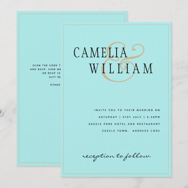 Invitation Classic Pale Turquoise Seaglass Mariage or (Devant / Derrière)