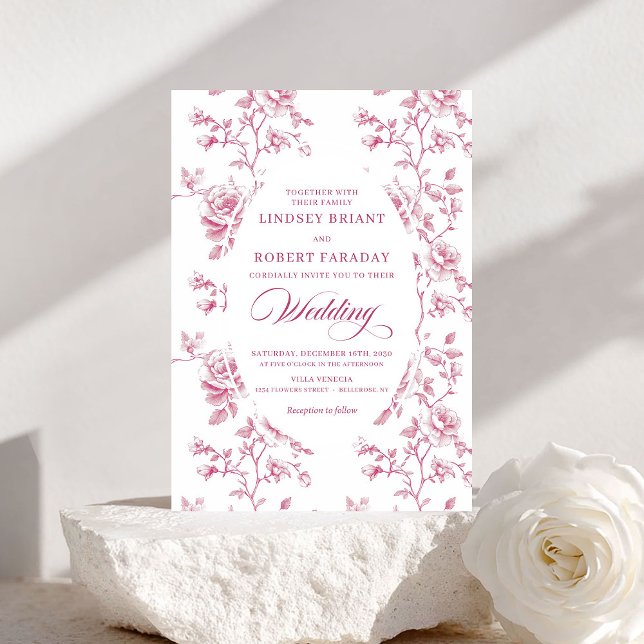 Invitation Classic Pink and White Toile Roses Wedding Invite (Classic Pink and White Toile Roses Wedding Invitation)