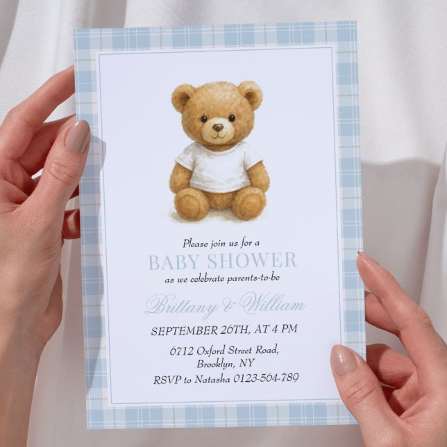 Invitation Classic Preppy Bear Blue Plaid Baby shower Invit (Créateur téléchargé)