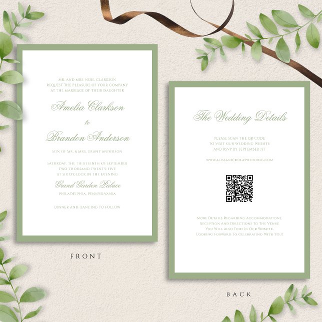 Invitation Classic Real Sage Green & White Wedding QR Code (Créateur téléchargé)
