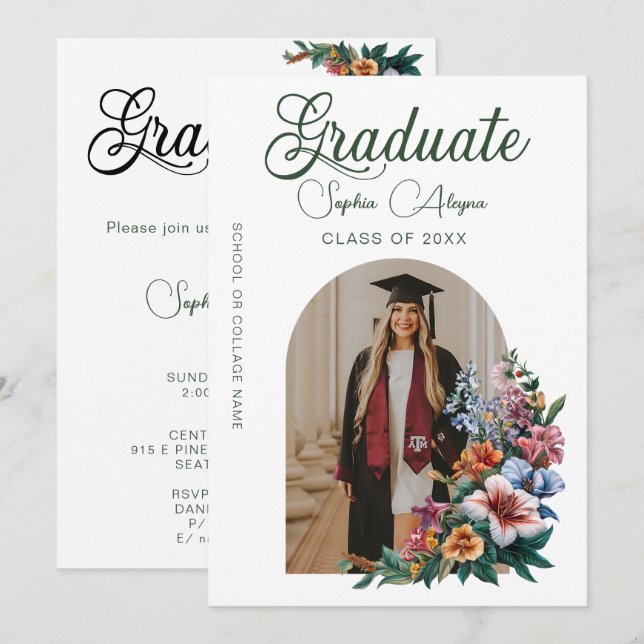 Invitation Classic Rose Flower Garden Photo Graduation (Devant / Derrière)