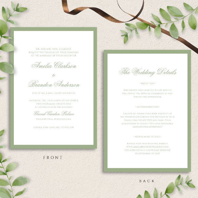 Invitation Classic Sage Green Border Script Wedding Details & (Créateur téléchargé)