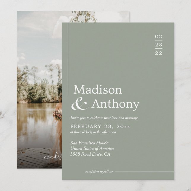 Invitation Classic Sage Green Budget Script Mariage photo (Devant / Derrière)