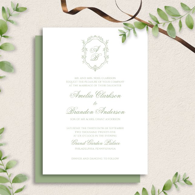 Invitation Classic Sage Green Floral Monogram Crest Wedding (Créateur téléchargé)