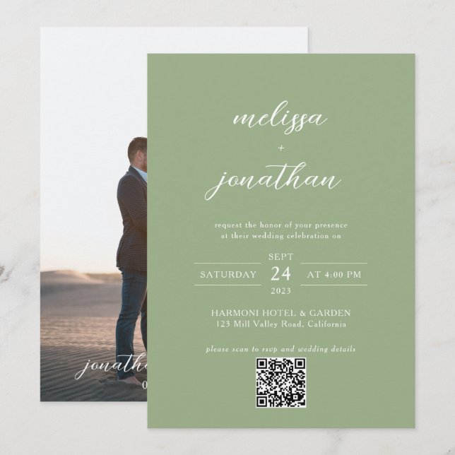 Invitation Classic Sage Green Photo Script QR Code Wedding (Devant / Derrière)