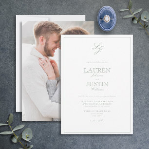 Invitation Classic Sage Green Script Monogramme Mariage photo