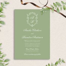 Invitation Classic Sage Green & White Monogram Crest Wedding