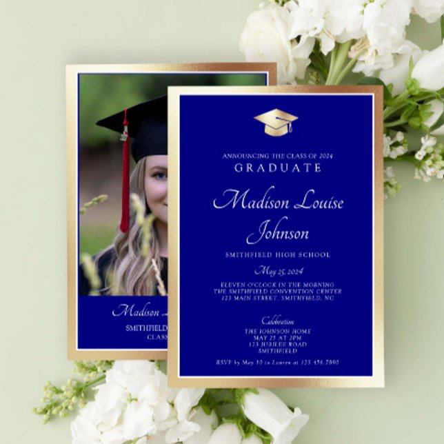 Invitation Classic Script Marine Blue & Gold Photo Graduation (Marking Milestones with Grace. #GradSuccess)