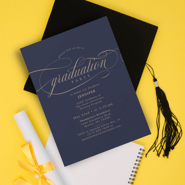 Invitation Classic Script Navy Gold Graduation Party (Créateur téléchargé)