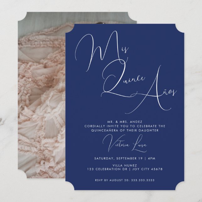 Invitation Classic Script Royal Blue Anniversaire quinceañera (Devant / Derrière)