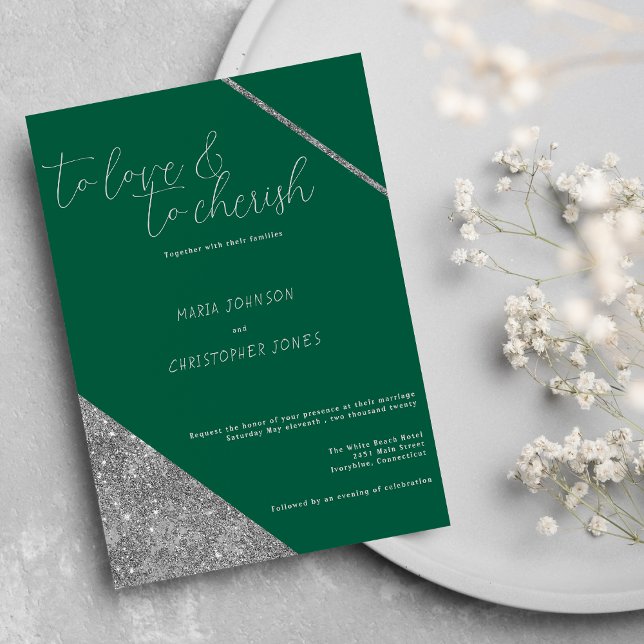 Invitation Classic script silver glitter jade green wedding (Classic script silver glitter jade green wedding)