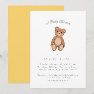 Invitation Classic Teddy Bear Baby shower Jaune