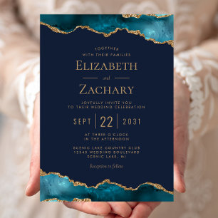 Invitation Classic Turquoise Gold Agate Marine Mariage bleu