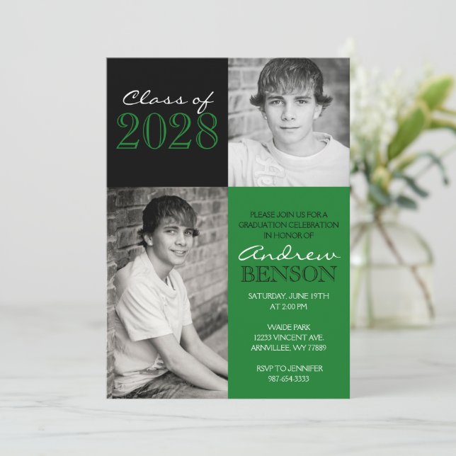Invitation Classic Vert et Noir 2 Photo Graduation (Debout devant)