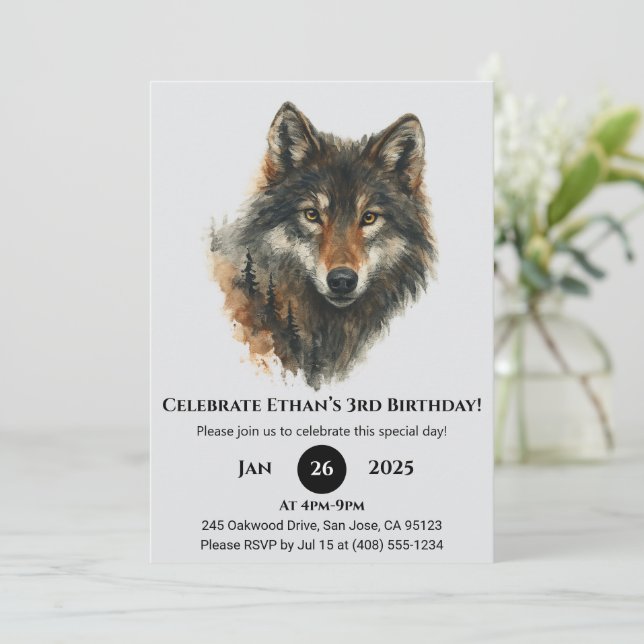 Invitation Classic Watercolor Wolf Birthday (Debout devant)