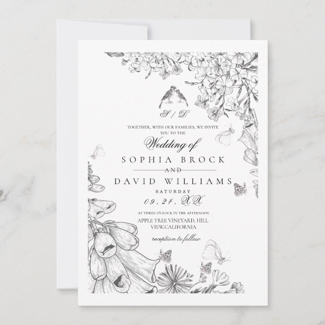 Invitation Classic White Black Botanical Wedding  (Devant)