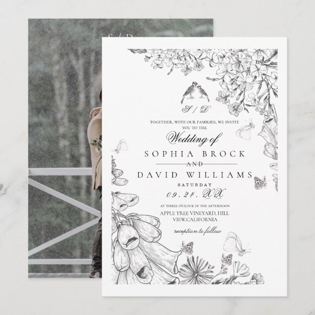 Invitation Classic White Black Botanical Wedding  (Devant / Derrière)