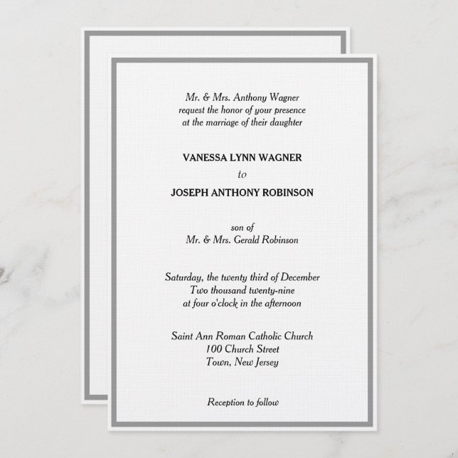 Invitation Classic White Black Silver Monogram Wedding  (Devant / Derrière)
