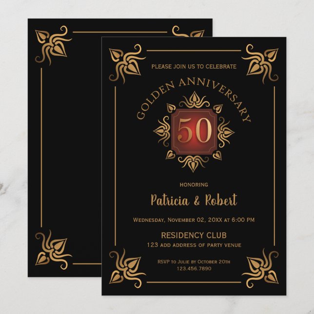 Invitation Classieux  50e anniversaire de mariage noir et or (Devant / Derrière)