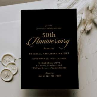 Invitation Classique 50e anniversaire de mariage noir et or 