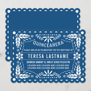 Invitation Classique bleu et blanc papel picado Quinceañera