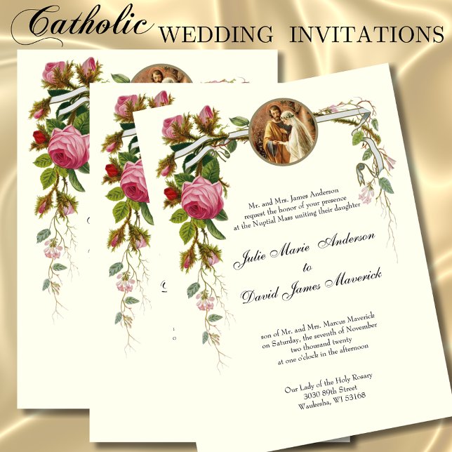 Invitation Classique catholique Élégant Rose ivoire Mariage (Créateur téléchargé)