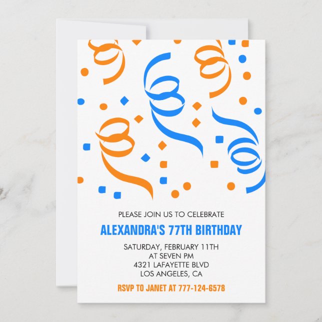 Invitation Classique Confetti Blue Orange 77e anniversaire (Devant)