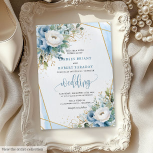 Invitation Classique Dusty Blue White Gold Flowers