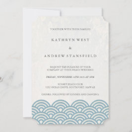 Invitation Classique Elégant Bleu + Blanc Plage Mariage