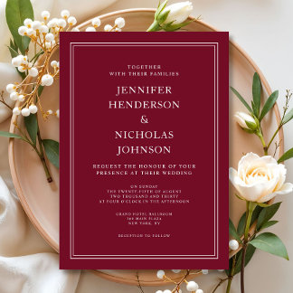 Invitation Classique Elégant Formal Bourgogne Mariage Rouge