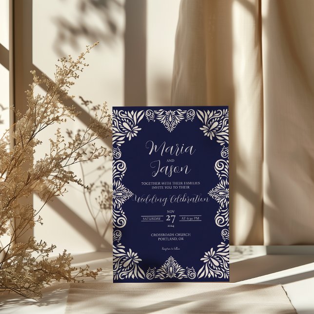 Invitation Classique Floral Bleu de la Marine Mexicaine Maria (Mexican Navy Blue Floral Classic Elegant Wedding Invitation)
