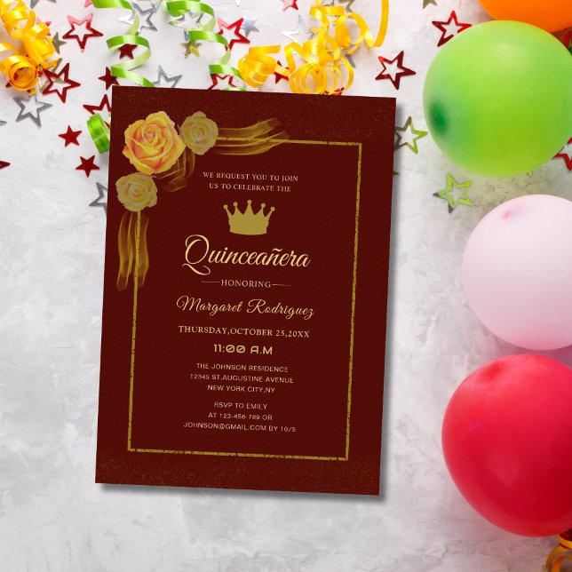 Invitation classique floral bordeaux et or quinceañera (Créateur téléchargé)