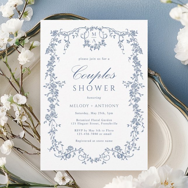 Invitation Classique Français Blue Floral Couples Douche (Créateur téléchargé)