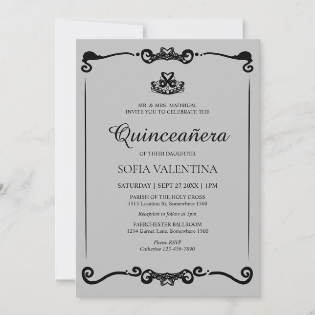 Invitation Classique gris noir Tiara Quinceanera (Devant)