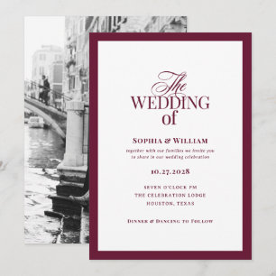 Invitation Classique Luxe Mariage Photo Blanc et Bourgogne