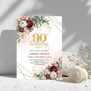 Invitation Classique Marsala Floral Végétal 90e Anniversaire