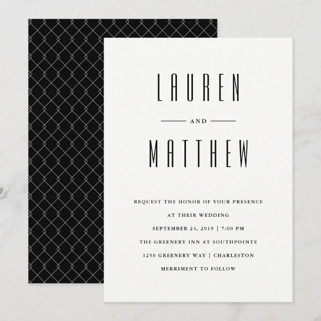 Invitation Classique moderne | Mariage noir et blanc (Devant / Derrière)