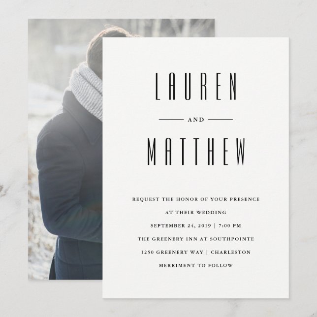 Invitation Classique moderne | Mariage photo noir et blanc (Devant / Derrière)